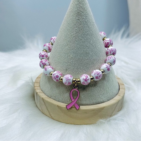 Chinese-Style Ceramic Floral Beaded Stretch Bracelet w/ Pink Breast Cancer Charm - Picture 1 of 5